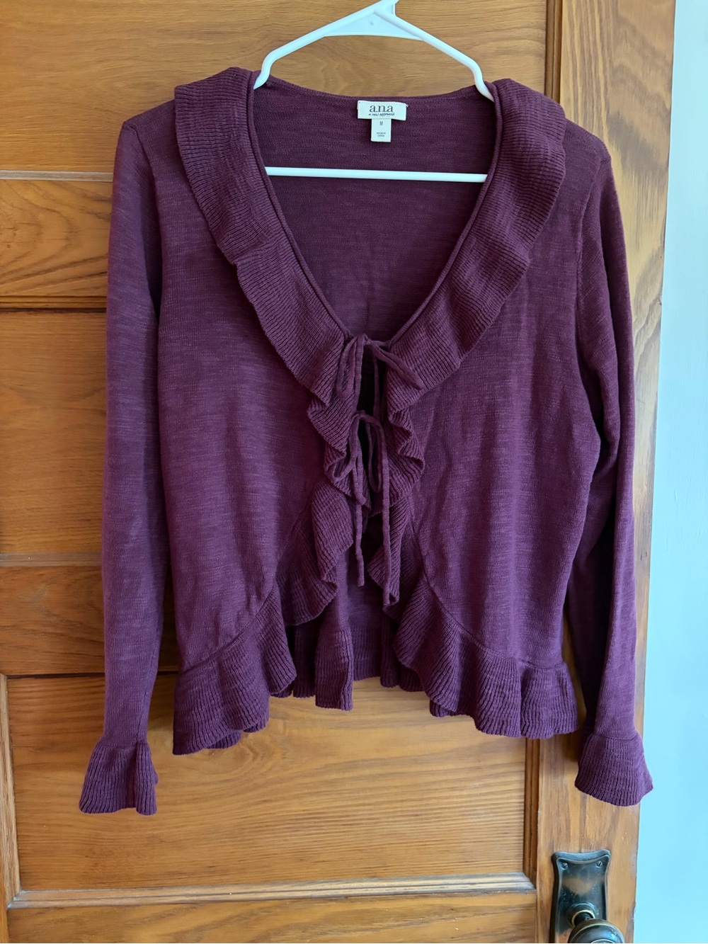 a.n.a Plum Ruffle-Trim Tie-Front Cardigan